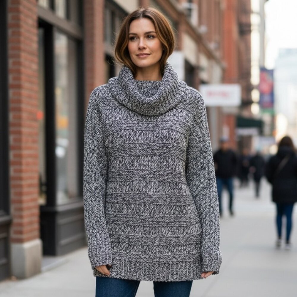 NWT Jones NY Signature Chunky Knit Cowl Neck Sweater XL Black White Silver #197G